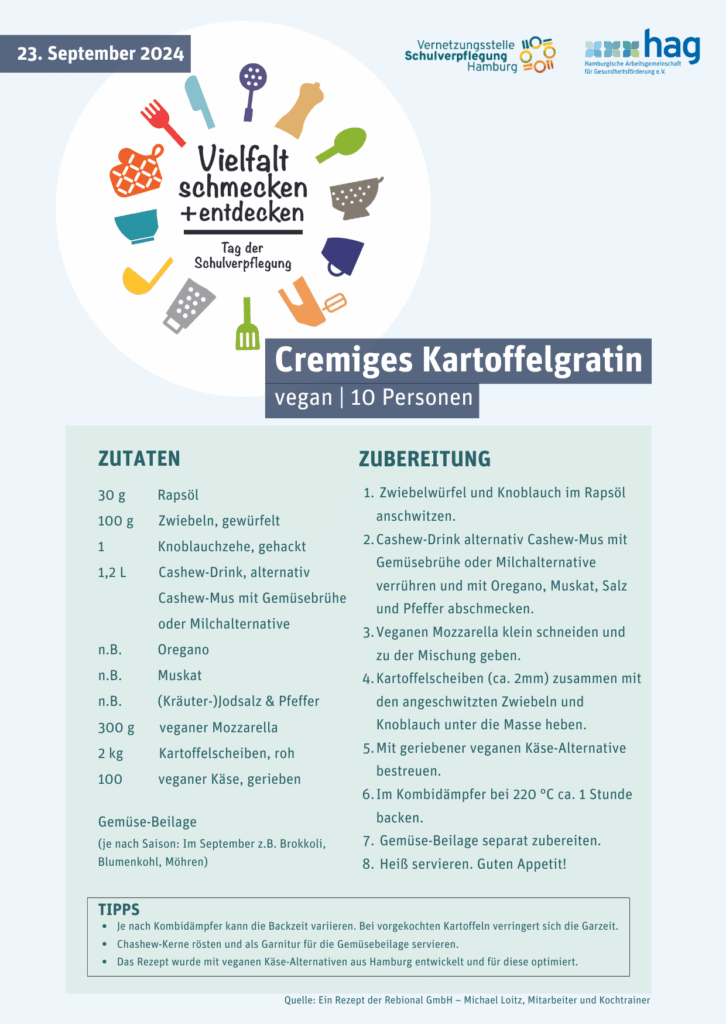 vegane Gerichte Schulverpflegung, Tag der Schulverpflegung, cremiges Kartoffelgratin