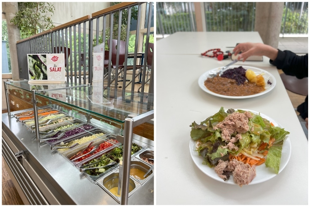 Salatbar mit verschiedenen Komponenten zur Auswahl. Zwei Teller, einer mit Hauptgericht, ein zweiter mit Salat und Thunfisch.