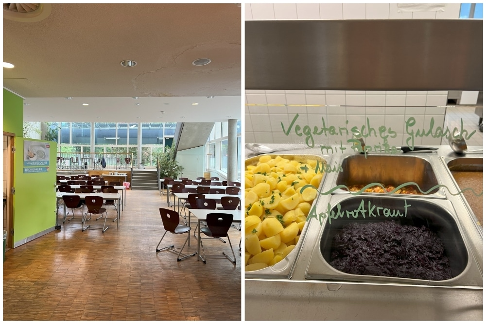Blick in eine Schulmensa mit heller Fensterfront. Vegetarisches Hauptgericht mit Rotkohl als Beilage in der Ausgabe.